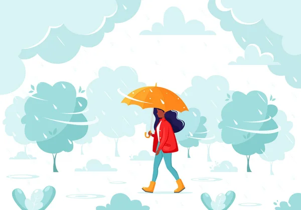 Black Woman Walking Umbrella Rain Fall Rain Autumn Outdoor Activities — Stock Vector