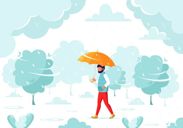 Man Walking Umbrella Rain Fall Rain Autumn Outdoor Activities Vector — Stock Vector