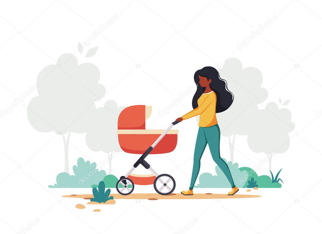 Black woman walking with baby carriage. Outdoor activity. Vector illustration.