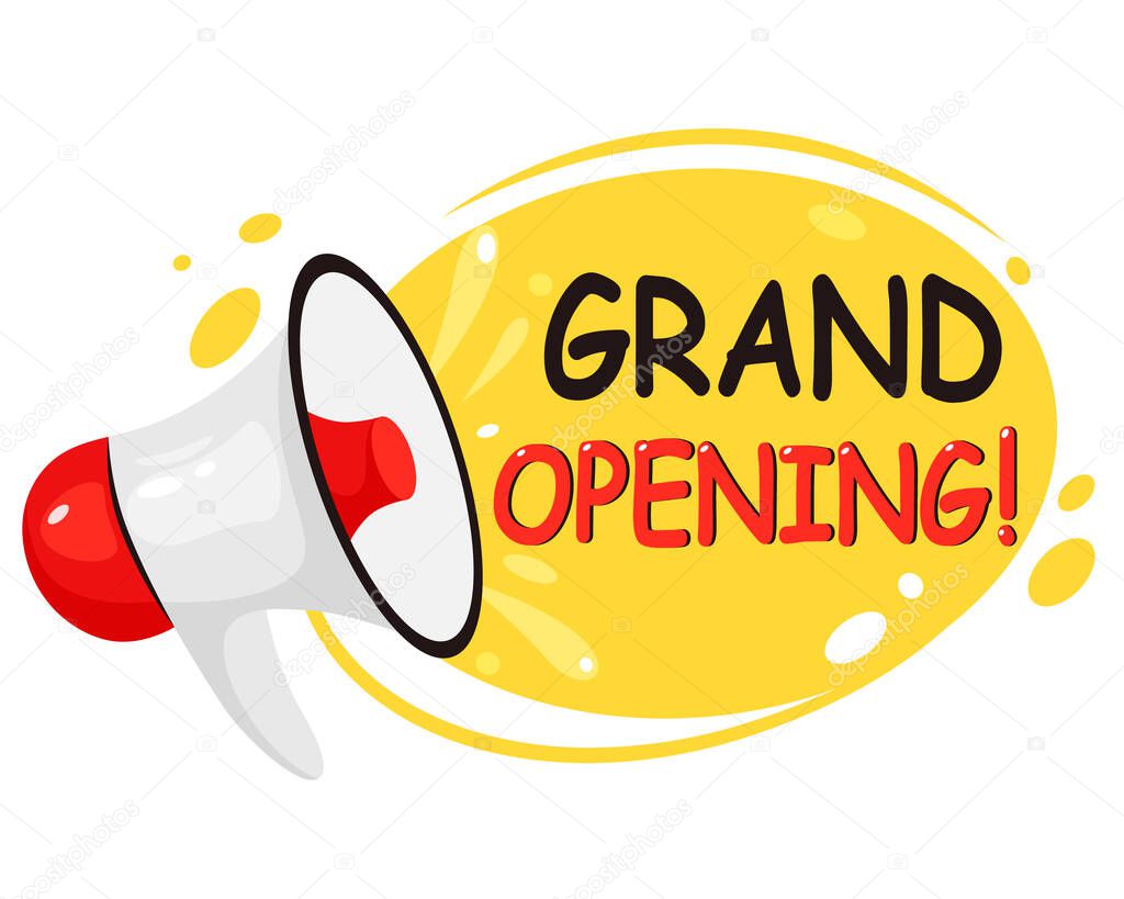 Grand opening, re-opening, we are open banner. Invitation posters with megaphone speaker. Vector illustration in flat style.