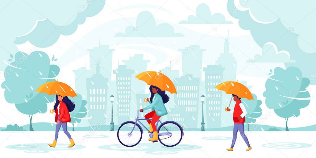 People walking under an umbrellas during the rain. Autumn rain on city background.  Vector illustration