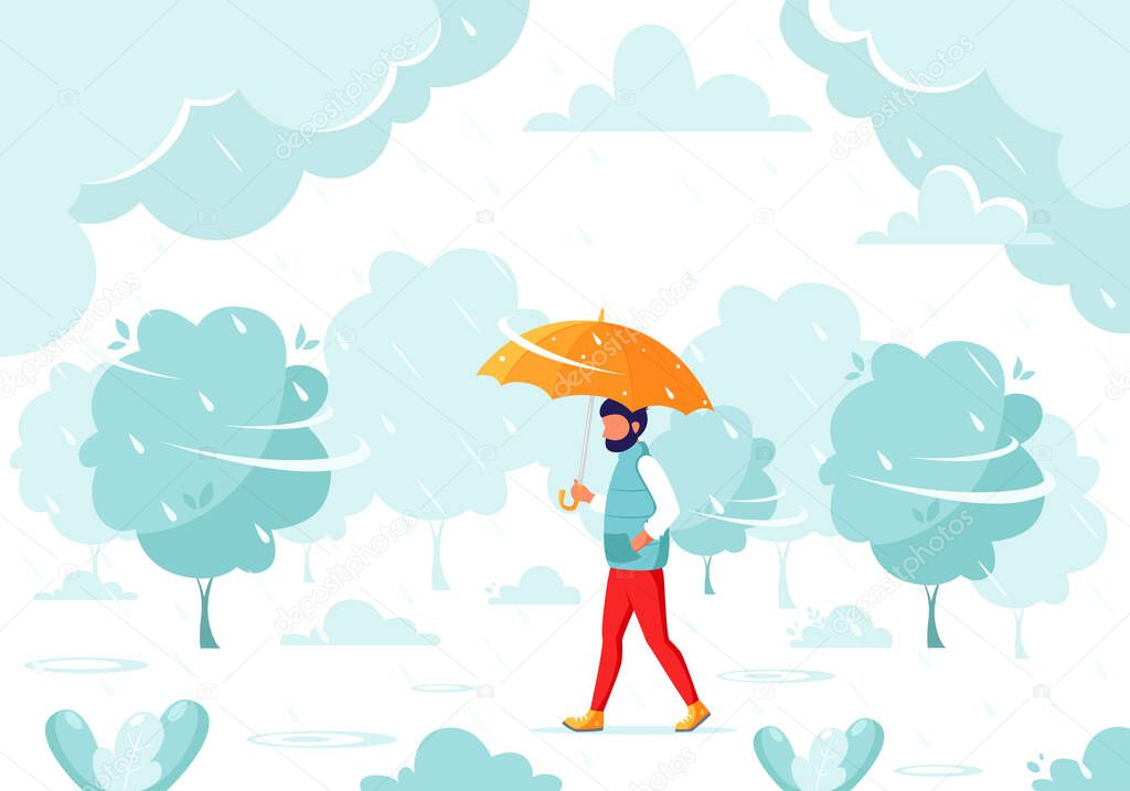 Man walking under an umbrella during the rain. Fall rain. Autumn outdoor activities. Vector illustration