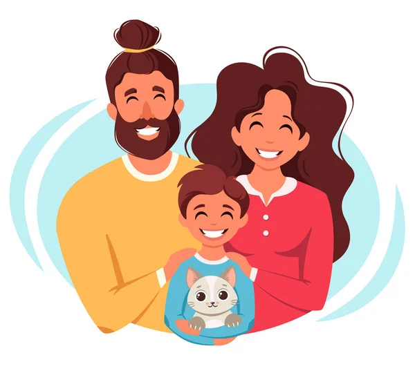 Gelukkige Familie Met Zoon Kat Ouders Knuffelen Kind Vectorillustratie — Stockvector