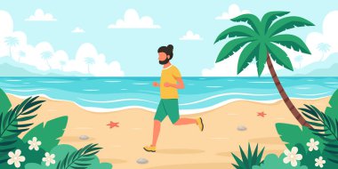 Kumsalda boş zaman. Adam koşuyor. Yaz zamanı. Vektör illüstrasyonu