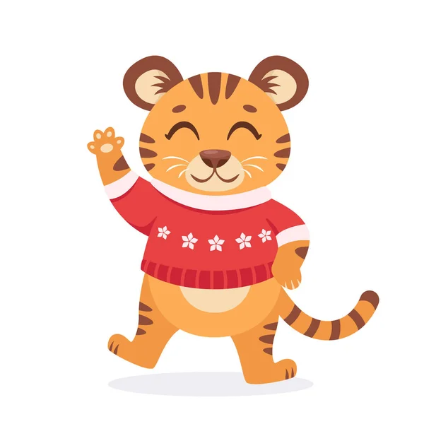 Lindo Tigre Suéter Desea Una Feliz Navidad Feliz Año Nuevo — Vector de stock