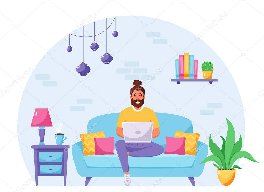 Man sitting on a sofa and working on laptop. Freelancer, home office  concept. Vector illustration