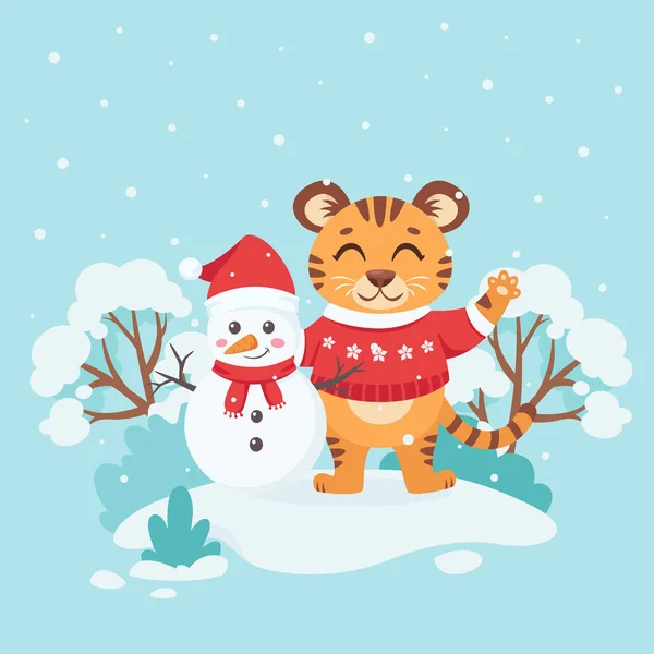 Lindo Tigre Suéter Con Muñeco Nieve Desea Una Feliz Navidad — Vector de stock