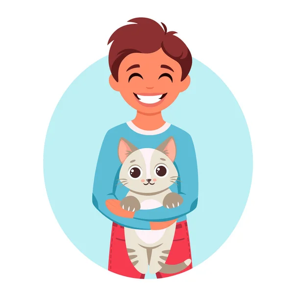 Lindo Chico Sosteniendo Gato Sus Manos Niño Con Mascota Ilustración — Vector de stock