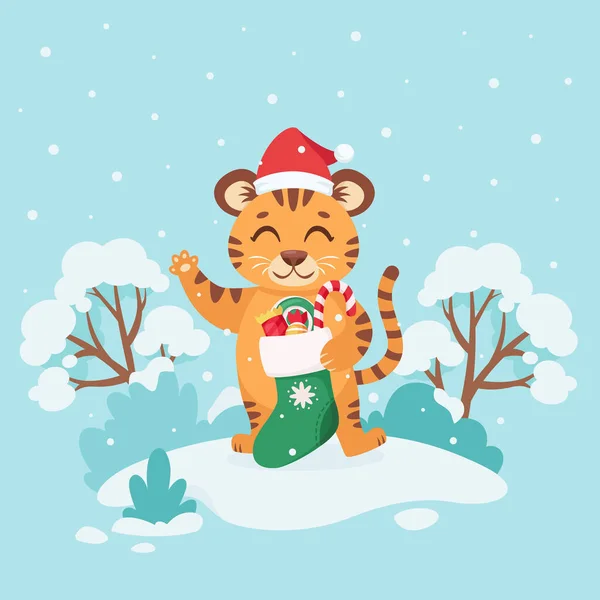 Mignon Tigre Dans Chapeau Père Noël Avec Chaussette Noël Bonbons — Image vectorielle