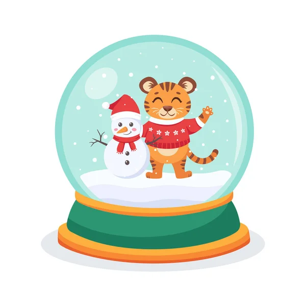 Bola Nieve Navidad Con Tigre Muñeco Nieve Dentro Bola Nieve — Archivo Imágenes Vectoriales