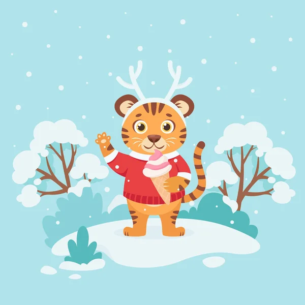 Mignon Tigre Dans Pull Avec Crème Glacée Souhaite Joyeux Noël — Image vectorielle