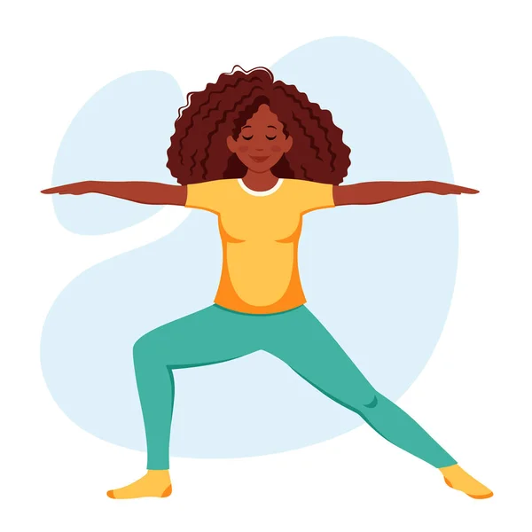 Zwarte Vrouw Die Yoga Beoefent Gezonde Levensstijl Ontspanning Meditatie Vectorillustratie — Stockvector