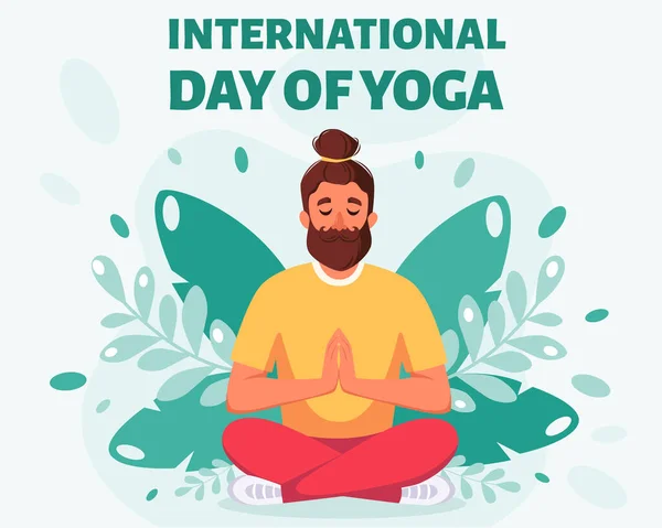 Mann Meditiert Lotus Pose Internationaler Tag Des Yoga Vektorillustration — Stockvektor