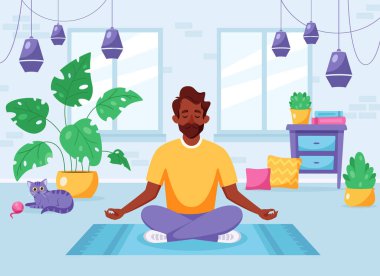 Nilüfer çiçeği içinde meditasyon yapan siyah bir adam rahat, modern bir iç mekanda poz veriyor. Vektör illüstrasyonu