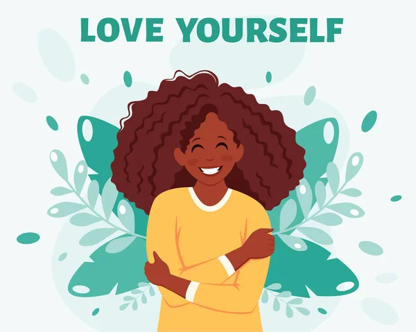Kendini sev konsepti. Siyah kadın kendine sarılıyor. Vektör illüstrasyonu