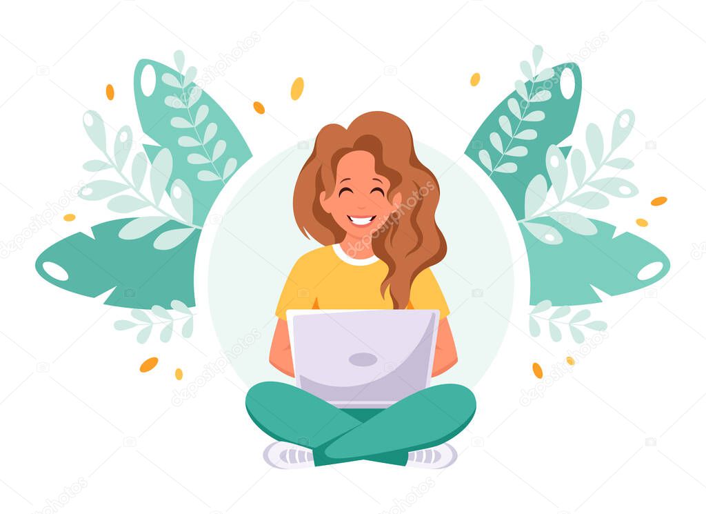 Woman sitting with laptop. Freelance, remote working, home office concept. Vector illustration