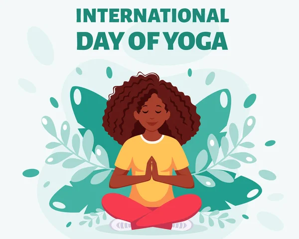 Schwarze Frau Meditiert Lotus Pose Internationaler Tag Des Yoga Vektorillustration — Stockvektor
