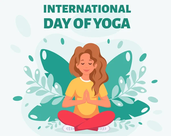Frau Meditiert Lotus Pose Internationaler Tag Des Yoga Vektorillustration — Stockvektor