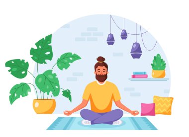Nilüfer çiçeği içinde meditasyon yapan bir adam rahat, modern bir iç mekanda poz verir. Sağlıklı yaşam tarzı, ev aktivitesi. Vektör illüstrasyonu
