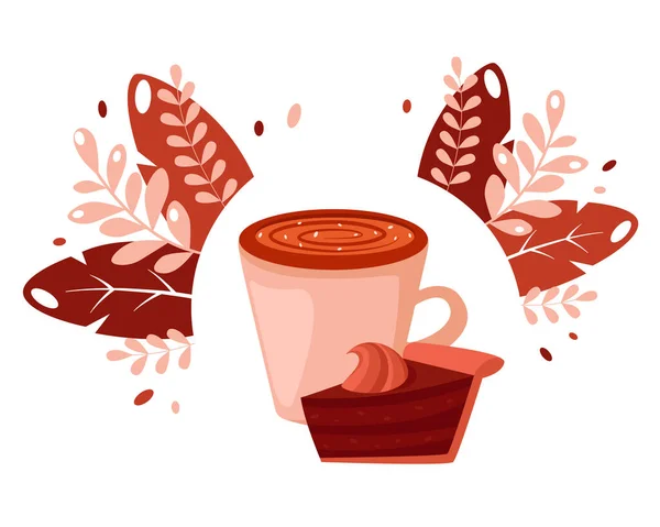 葉の上にチョコレートケーキとコーヒーカップ コーヒーの日だ ベクターイラスト — ストックベクタ