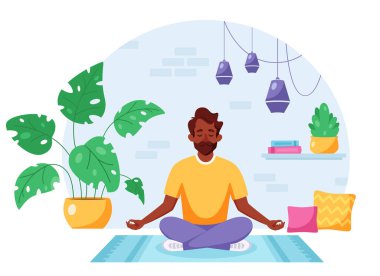 Nilüfer çiçeği içinde meditasyon yapan siyah bir adam rahat, modern bir iç mekanda poz veriyor. Sağlıklı bir yaşam tarzı. Vektör illüstrasyonu