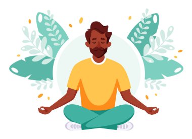 Siyahi adam nilüfer çiçeği pozunda meditasyon yapıyor. Sağlıklı yaşam tarzı, yoga, rahatlama, dinlenme. Vektör illüstrasyonu
