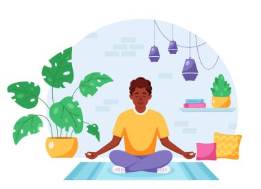 Nilüfer çiçeği içinde meditasyon yapan siyah bir adam tavan arasında poz veriyor. Vektör illüstrasyonu