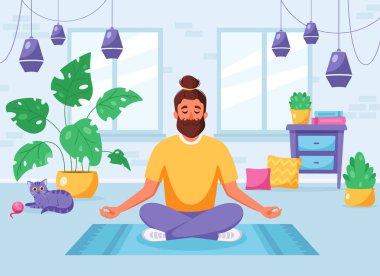 Nilüfer çiçeği içinde meditasyon yapan bir adam rahat, modern bir iç mekanda poz verir. Sağlıklı yaşam tarzı, ev aktivitesi. Vektör illüstrasyonu