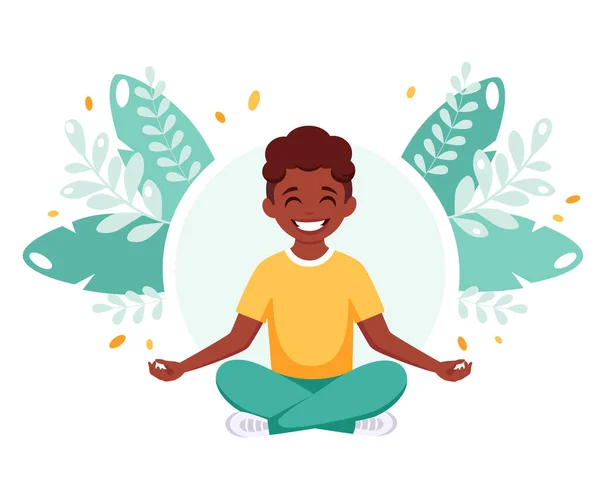 Niño Negro Meditando Pose Loto Gimnasia Yoga Meditación Para Niños — Archivo Imágenes Vectoriales