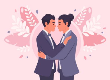Eşcinsel çift evleniyor. LGBT düğünü. İki adam sarılıyor. Vektör illüstrasyonu