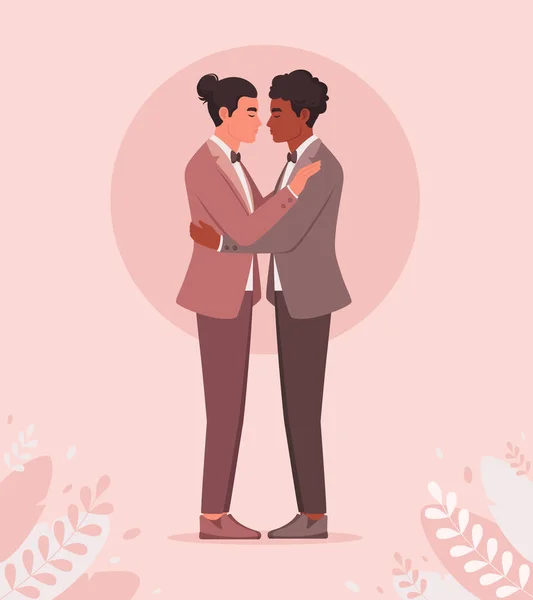 Pareja Gay Abrazándose Boda Lgbt Concepto Orgullo Pareja Multicultural Ilustración — Archivo Imágenes Vectoriales