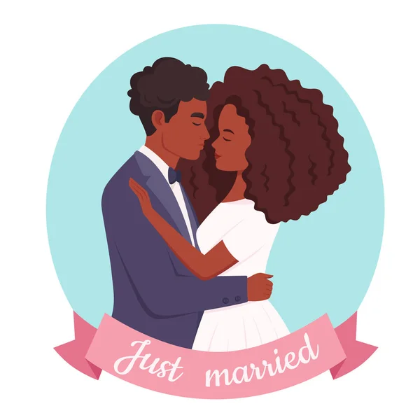 Pareja Casados Pareja Casada Negra Retrato Boda Ilustración Vectorial — Vector de stock