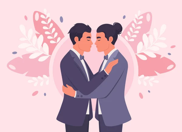 Gay Paar Gaat Trouwen Lgbt Bruiloft Twee Mannen Knuffelen Vectorillustratie — Stockvector