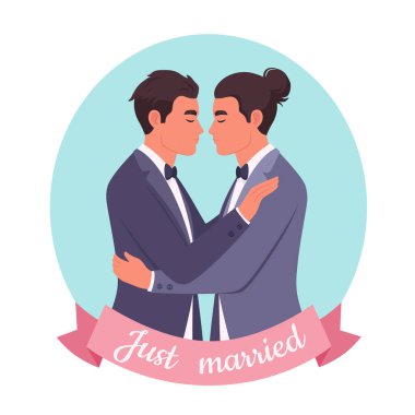 Eşcinsel çift evleniyor. LGBT düğünü. İki adam sarılıyor. Vektör illüstrasyonu