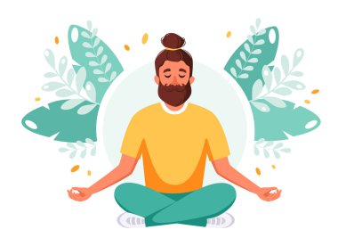 Lotus pozunda meditasyon yapan bir adam. Sağlıklı yaşam tarzı, refah, rahatlama, meditasyon. Vektör illüstrasyonu