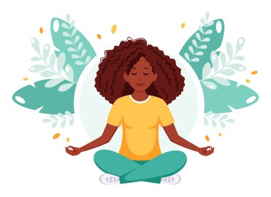 Siyahi kadın nilüfer çiçeği pozunda meditasyon yapıyor. Sağlıklı yaşam tarzı, yoga, refah, rahatla. Vektör illüstrasyonu