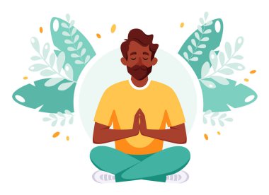 Hintli adam nilüfer çiçeği pozunda meditasyon yapıyor. Sağlıklı yaşam tarzı, yoga, rahatlama, refah, dinlenme. Vektör illüstrasyonu