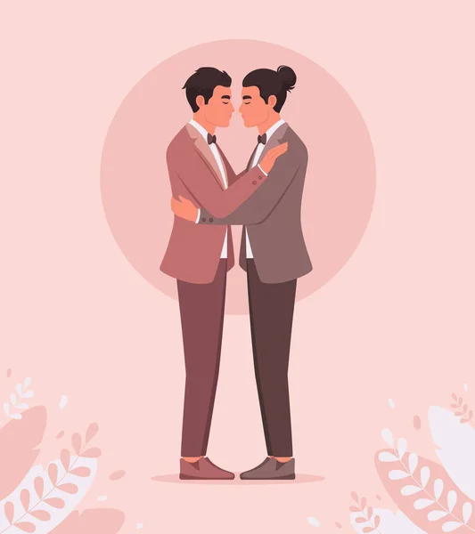 Gay Couple Getting Married Lgbt Wedding Two Men Hugging Vector — Stock Vector