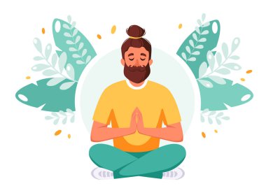 Lotus pozunda meditasyon yapan bir adam. Sağlıklı yaşam tarzı, refah, rahatlama, meditasyon. Vektör illüstrasyonu