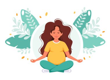 Nilüfer çiçeğiyle meditasyon yapan hamile bir kadın. Sağlıklı hamilelik kavramı. Vektör illüstrasyonu