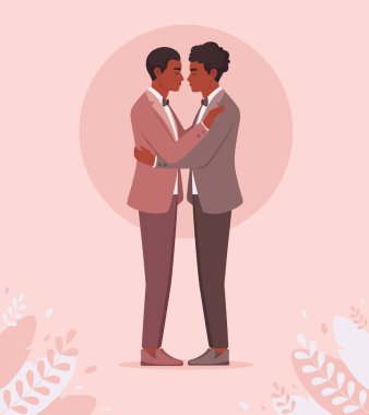 Siyahi eşcinsel çift. Eşcinsel düğünü, LGBT ve gurur konsepti. Vektör illüstrasyonu