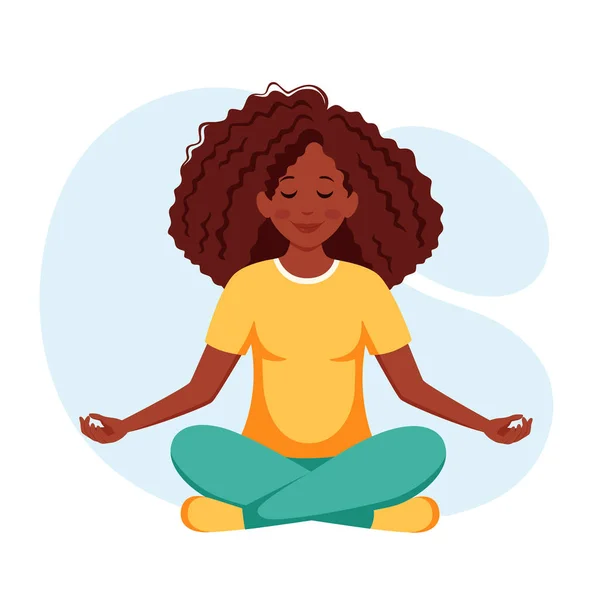 Black Woman Meditating Lotus Pose Healthy Lifestyle Yoga Wellbeing Relax — Stock Vector