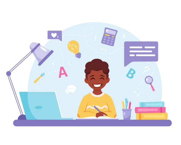 Rapaz Negro Estudar Com Computador Aprendizagem Online Volta Conceito Escola —  Vetores de Stock