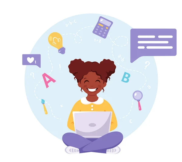 Ένα Μαύρο Κορίτσι Που Διαβάζει Υπολογιστή Διαδικτυακή Μάθηση Πίσω Στη — Διανυσματικό Αρχείο