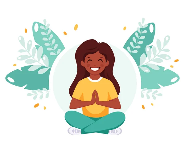 Indiaas Meisje Mediterend Lotushouding Gymnastiek Meditatie Voor Kinderen Vectorillustratie — Stockvector