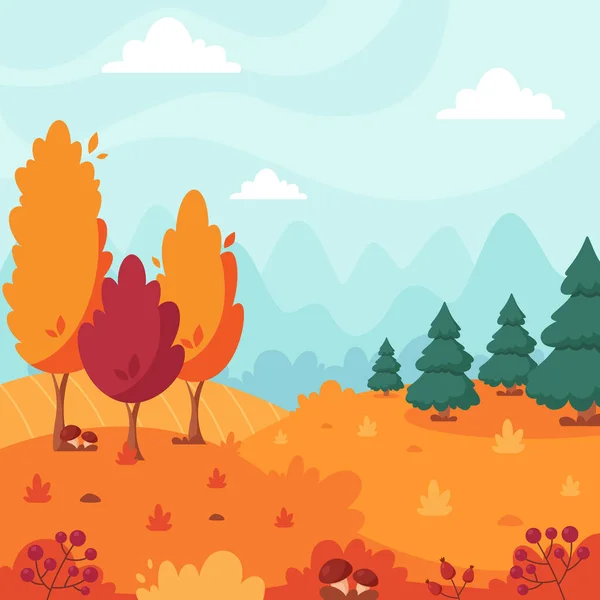 Autumn Landscape Trees Mountains Fields Leaves Countryside Landscape Vector Illustration — Stock Vector