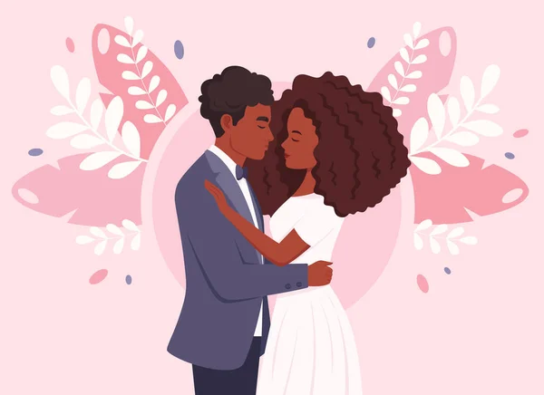 Hochzeitspaar Schwarzes Ehepaar Hochzeitsporträt Vektorillustration — Stockvektor