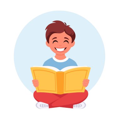 Çocuk kitap okuyor. Çocuk ödevini yapıyor. Dünya kitabı günü. Okula dönelim. Vektör illüstrasyonu