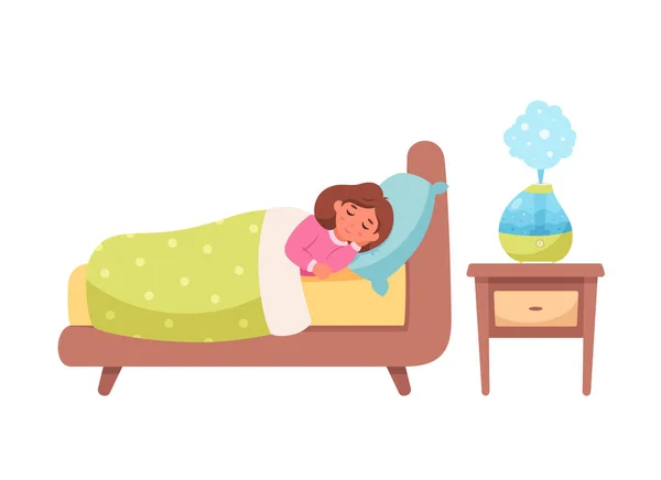 Κοριτσάκι Που Κοιμάται Υγραντήρα Αέρα Στο Δωμάτιο Υγιής Ύπνος Εικονογράφηση — Διανυσματικό Αρχείο