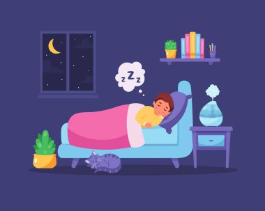 Küçük çocuk hava nemlendiricisi ile yatak odasında uyuyor. İyi uykular. Vektör illüstrasyonu